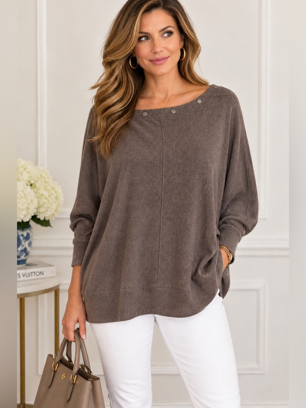White House Black Market Olive Boatneck Snap-Detail Top